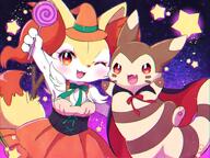 amount:pair artist:kryztar atmosphere:halloween atmosphere:stary body-type:anthro body-type:semi-anthro candy dress lollipop outfit species:braixen species:furret style:chromatic-aberration style:kemono witch // 1600x1200 // 3.1MB