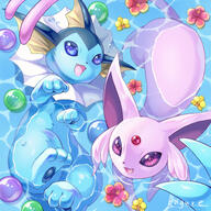 amount:pair atmosphere:beach atmosphere:bubbles body-type:feral flower forehead-gem series:eeveelutions series:pokemon species:espeon species:vaporeon style:girly // 1550x1550 // 715KB