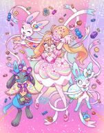 amount:multiple body-type:humanoid candy cloak dress food hall-of-fame:bronze hall-of-fame:gold hall-of-fame:silver outfit series:eeveelutions series:pokemon species:human species:lucario species:sylveon style:girly style:outline style:playful style:sparkly style:very-girly style:very-playful sweets wearing-bow // 1578x2000 // 575KB