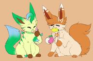 amount:pair body-type:feral body-type:slightly-chubby eating food oc pokemon-berries series:eeveelutions series:pokemon species:leafeon species:sylveon // 1425x944 // 463KB