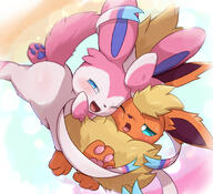 affection amount:pair atmosphere:sunlight body-type:feral cheek-rub cuddling pressing-same-body-part-against-each-other series:eeveelutions series:pokemon species:flareon species:sylveon style:girly style:light-particles style:opposite-background // 3955x3611 // 4.7MB