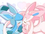 affection amount:pair atmosphere:valentines-day body-type:feral kissing pressing-same-body-part-against-each-other romance series:eeveelutions series:pokemon species:glaceon species:sylveon style:pastel-colors style:split-background // 1024x768 // 353KB