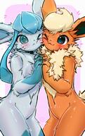 amount:pair body-type:anthro body-type:slim paws-touching pressing-same-body-part-against-each-other series:eeveelutions series:pokemon species:flareon species:glaceon style:chromatic-aberration style:kemono // 1288x2048 // 322KB