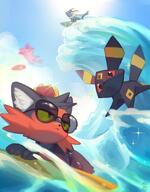 amount:multiple atmosphere:beach atmosphere:sunlight body-type:feral glasses nerdy series:eeveelutions series:pokemon species:litten species:low-poly species:umbreon species:vaporeon surfing // 1294x1654 // 184KB