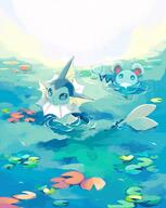 amount:pair atmosphere:lake body-type:blob body-type:feral lilypad neutral-expression series:eeveelutions series:pokemon species:marill species:vaporeon style:painted // 1632x2048 // 312KB