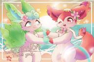 amount:pair atmosphere:beach atmosphere:sunlight atmosphere:sunset body-type:semi-anthro feminine flower pressing-same-body-part-against-each-other series:eeveelutions series:pokemon species:leafeon species:sylveon style:girly wearing-flower // 1319x867 // 166KB