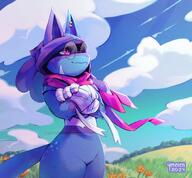 amount:solo atmosphere:anime atmosphere:field atmosphere:hills body-type:anthro body-type:slim butt_freckles glasses hall-of-fame:bronze hall-of-fame:silver nerdy outfit scarf species:lucario style:noisy // 1580x1462 // 373KB