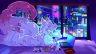 amount:solo atmosphere:bedroom atmosphere:city atmosphere:cyber atmosphere:home atmosphere:night belly-squish body-type:anthro body-type:semi-anthro character:parfait eating food lazy species:cat style:colored-lighting using-computer // 3840x2160 // 3.9MB