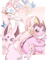 amount:multiple atmosphere:sakura body-type:feral forehead-gem series:eeveelutions series:pokemon species:espeon species:shiny-pokemon species:sylveon species:vaporeon style:abstract-background style:girly style:very-girly // 737x945 // 92KB