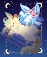 affection amount:pair atmosphere:fantasy atmosphere:night atmosphere:stary body-type:feral cuddling series:eeveelutions series:pokemon sleeping species:glaceon species:leafeon // 1850x2200 // 344KB