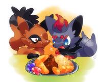 amazed amount:pair body-type:feral food series:pokemon species:fox species:nickit species:zorua style:dithering style:girly style:sparkly // 955x800 // 106KB