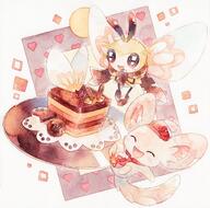 amount:pair atmosphere:cafe body-type:semi-anthro cake food outfit series:pokemon species:minccino species:ribombee style:watercolor sweets // 1200x1189 // 330KB