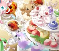amount:multiple atmosphere:cafe body-type:feral body-type:semi-anthro food fruit grouping:fairy-types macarons series:eeveelutions series:pokemon species:alcremie species:food-creature species:kirlia species:sylveon sweets // 2100x1800 // 475KB