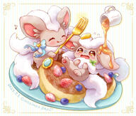 amount:pair atmosphere:regal body-type:semi-anthro food fruit pancakes series:pokemon species:cinccino style:abstract-background sweets wearing-bow // 2000x1700 // 1.1MB