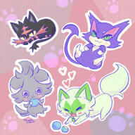 amount:multiple body-type:feral body-type:semi-anthro oran-berry series:pokemon species:espurr species:litten species:purrloin species:sprigatito style:dithering style:girly style:one-color style:pink // 1400x1400 // 1.8MB