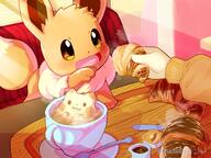 amount:solo atmosphere:cafe atmosphere:sunlight body-type:feral croissant drooling food hall-of-fame:bronze latte series:pokemon species:eevee style:kawaii style:kemono style:sunrays sweets // 3200x2400 // 664KB