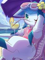 amount:solo atmosphere:beach atmosphere:sunlight body-type:feral body-type:semi-anthro drink fr outfit series:eeveelutions series:pokemon species:glaceon style:dim style:kawaii sunglasses umbrella // 2400x3200 // 622KB