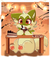 amount:solo atmosphere:christmas atmosphere:snowy body-type:feral cake chocolate cookies food species:sprigatito style:intentional-blur style:kawaii style:outline sweets // 1800x2000 // 523KB