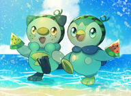 amount:pair atmosphere:beach body-type:semi-anthro honeydew melon piplup series:pokemon species:oshawott species:otter style:noisy watermelon // 1500x1100 // 2.3MB