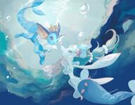 amount:pair atmosphere:bubbles atmosphere:sunlight atmosphere:undersea body-type:feral series:eeveelutions series:pokemon species:primarina species:vaporeon // 1533x1200 // 148KB