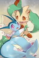 affection amount:pair body-type:feral body-type:slightly-chubby cuddling series:eeveelutions series:pokemon species:leafeon species:vaporeon // 865x1280 // 439KB