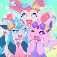 amount:multiple atmosphere:beach body-type:feral feminine flower forehead-gem glasses hall-of-fame:bronze series:eeveelutions series:pokemon species:espeon species:glaceon species:sylveon style:girly sunglasses wearing-flower // 2000x2000 // 2.8MB