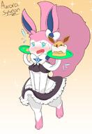 amount:solo arms-between-legs body-type:anthro embarrassed feminine holding-object maid outfit pancakes series:eeveelutions series:pokemon species:sylveon style:girly style:kemono style:sparkly visibly-shy visual-teasing // 624x908 // 223KB