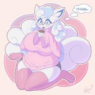 amount:solo body-type:anthro body-type:overweight casual-outfit glasses hall-of-fame:bronze hot-chocolate nerdy oversized-sweater species:alolan-vulpix style:girly style:outline style:pastel-colors sweater thigh-highs // 624x624 // 356KB