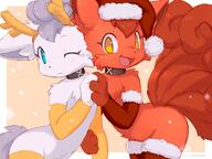 affection amount:pair atmosphere:halloween body-type:anthro body-type:semi-anthro cheek-rub collar hall-of-fame:bronze pressing-same-body-part-against-each-other species:alolan-vulpix species:vulpix style:abstract-background style:kemono style:white-border touching-paws wink // 2500x1875 // 2.0MB