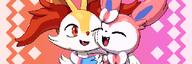affection amount:pair body-type:feral body-type:semi-anthro cheek-rub pressing-same-body-part-against-each-other series:eeveelutions series:pokemon species:braixen species:sylveon style:abstract-background style:pixel-art // 1296x432 // 17KB