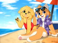 amount:pair atmosphere:beach blep body-type:anthro character:aaron character:friday species:cat species:dog style:intentional-blur style:kawaii style:kemono sunglasses swimwear wink // 1600x1200 // 200KB