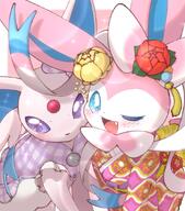 affection amount:pair body-type:feral cheek-rub forehead-gem outfit pressing-same-body-part-against-each-other series:eeveelutions series:pokemon species:espeon species:sylveon style:girly style:sparkly // 768x875 // 400KB