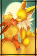 affection amount:pair body-type:feral kissing pressing-same-body-part-against-each-other romance series:eeveelutions series:pokemon species:flareon species:jolteon style:kawaii style:outline // 853x1280 // 260KB