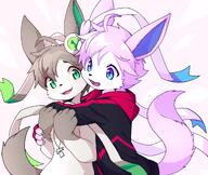 affection amount:pair body-type:anthro body-type:semi-anthro hair hall-of-fame:bronze hugging jacket nerdy oc series:eeveelutions series:pokemon species:sylveon style:kawaii style:kemono // 2500x2113 // 1.8MB