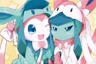 affection amount:pair body-type:feral cheek-rub onesie opposite-clothing outfit pajamas pressing-same-body-part-against-each-other series:eeveelutions series:pokemon species:glaceon species:sylveon // 1200x800 // 982KB
