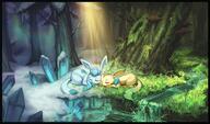 affection amount:solo atmosphere:forest atmosphere:snowy body-type:feral cuddling series:eeveelutions series:pokemon sleeping species:glaceon species:leafeon style:noisy style:split-background // 1500x883 // 313KB