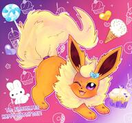 amount:solo atmosphere:party body-type:feral candy food happy ice-cream lollipop series:eeveelutions series:pokemon species:flareon style:outline sweets wearing-bow wink // 1633x1524 // 404KB