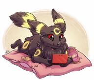 amount:solo body-type:feral body-type:slightly-chubby chips eating fluffified nintendo-ds series:eeveelutions series:pokemon species:umbreon style:kawaii // 1200x1018 // 116KB
