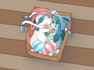 affection amount:pair artist:smokiemario body-type:feral body-type:semi-anthro cardboard-box cramped cuddling series:eeveelutions series:pokemon species:glaceon species:sylveon thigh-highs // 2160x1620 // 781KB