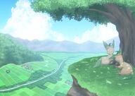 amount:pair amount:solo atmosphere:cliffside atmosphere:hills atmosphere:mountains atmosphere:sunlight atmosphere:town body-type:feral series:eeveelutions series:pokemon species:leafeon // 3541x2508 // 8.1MB