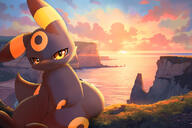 amount:solo atmosphere:beach atmosphere:cliffside atmosphere:sunlight atmosphere:sunset body-type:feral body-type:semi-anthro series:eeveelutions series:pokemon species:umbreon style:colored-lighting // 624x416 // 69KB