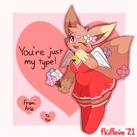 amount:solo atmosphere:valentines-day body-type:anthro body-type:slightly-chubby boquet dress feminine flower series:pokemon species:eevee style:girly style:kemono thigh-highs wearing-flower wings wink // 2500x2500 // 2.8MB