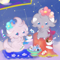 amount:pair atmosphere:clouds atmosphere:night atmosphere:stary body-type:semi-anthro candy food series:pokemon species:espurr species:shiny-pokemon sweets // 1400x1400 // 374KB