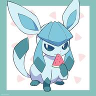 amount:solo body-type:feral eating food fruit series:eeveelutions series:pokemon species:glaceon style:abstract-background style:playful watermelon // 1400x1400 // 122KB