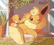 amount:pair atmosphere:garden atmosphere:home atmosphere:sunlight body-type:feral series:eeveelutions series:pokemon species:eevee species:flareon // 2299x1896 // 376KB