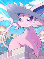 amount:solo atmosphere:flowers atmosphere:garden atmosphere:sunlight atmosphere:town body-type:feral forehead-gem hat series:eeveelutions series:pokemon species:espeon straw_hat // 2009x2693 // 374KB