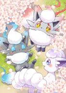 amount:multiple atmosphere:field atmosphere:petals atmosphere:town body-type:feral flower species:alolan-vulpix species:hisuian-zorua species:zorua // 600x841 // 115KB