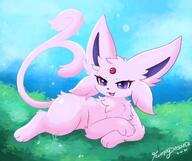 amount:solo atmosphere:hills body-type:feral forehead-gem laying-on-side series:eeveelutions series:pokemon smug species:espeon style:circle-sparkles style:kawaii visibly-shy visual-teasing // 1166x976 // 142KB
