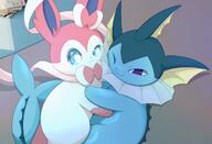 affection amount:pair atmosphere:home belly-squish body-type:feral body-type:slightly-chubby cuddling pressing-same-body-part-against-each-other series:eeveelutions series:pokemon species:sylveon species:vaporeon // 2047x1395 // 225KB