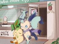 affection amount:pair amount:solo atmosphere:cafe body-type:feral cheek-rub glasses hall-of-fame:bronze hall-of-fame:silver nerdy oc pressing-same-body-part-against-each-other scarf series:eeveelutions series:pokemon species:leafeon style:noisy // 2048x1535 // 815KB